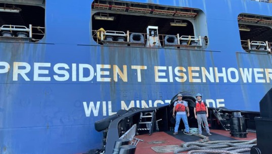 Crew members from the tug Teresa Brusco won a commendation for their work in going to the aid of the fire-stricken containership President Eisenhower in August 2021. Photo: Port of Hueneme Image:Crew members from the tug Teresa Brusco won a commendation for their work in going to the aid of the fire-stricken containership President Eisenhower in August 2021. Photo: Port of Hueneme