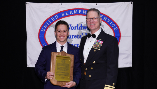 Image:The crew of USNS Yuma was represented at the awards ceremony by Third Mate Steven Shields (left), a member of MM&P.