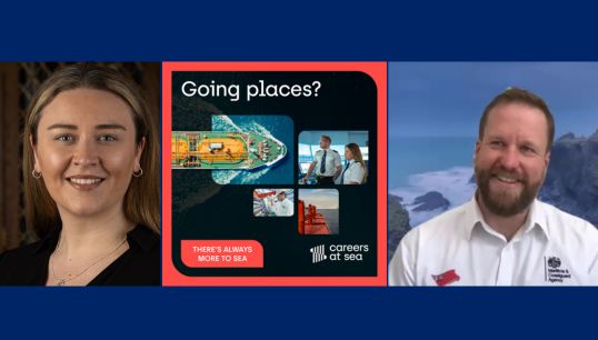 Image:Creatively promoting careers at sea: (L-R)  Susan Bell, business operations and skills manager at the MNTB; messaging for one of the MNTB's campaign posters; and Phil Johnson, Nautilus member and a volunteer  Careers at Sea Ambassador. Images: Nautilus/MNTB
