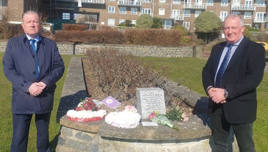 L-R: Nautilus head of industrial Micky Smyth (left) was accompanied by Nautilus member and chief engineer Phil Lees. They are pictured in the Remembrance Garden on Dover seafront. CREDIT: Nautilus International Image:L-R: Nautilus head of industrial Micky Smyth (left) was accompanied by Nautilus member and chief engineer Phil Lees. They are pictured in the Remembrance Garden on Dover seafront. CREDIT: Nautilus International