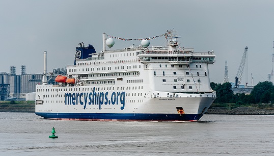 Image:Global Mercy, the new Mercy Ships hospital ship, arrives in Antwerp for its finishing touches in late 2021. Image: Mercy Ships