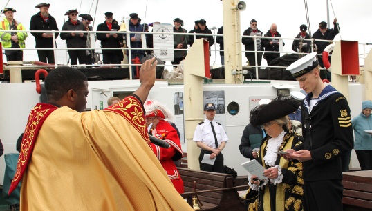 Image:A Rogation of the Seas service is carried out by chaplain Father Anthony Chiatu onboard the historic steamship Shieldhall. Image: Brian Davies