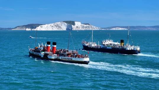 UK historic vessels, the steamship SS Shieldhall and paddle steamer PS Waverley, passing the Needles off the Isle of Wight in 2023. Images: Will Faulkner/Shieldhall Image:UK historic vessels, the steamship SS Shieldhall and paddle steamer PS Waverley, passing the Needles off the Isle of Wight in 2023. Images: Will Faulkner/Shieldhall