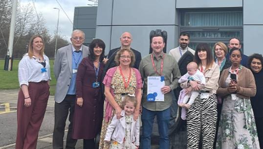 Image:Dean Hodgson with his family and college staff after the private award presentation at Blackpool and the Fylde College. Image: Marine Society
