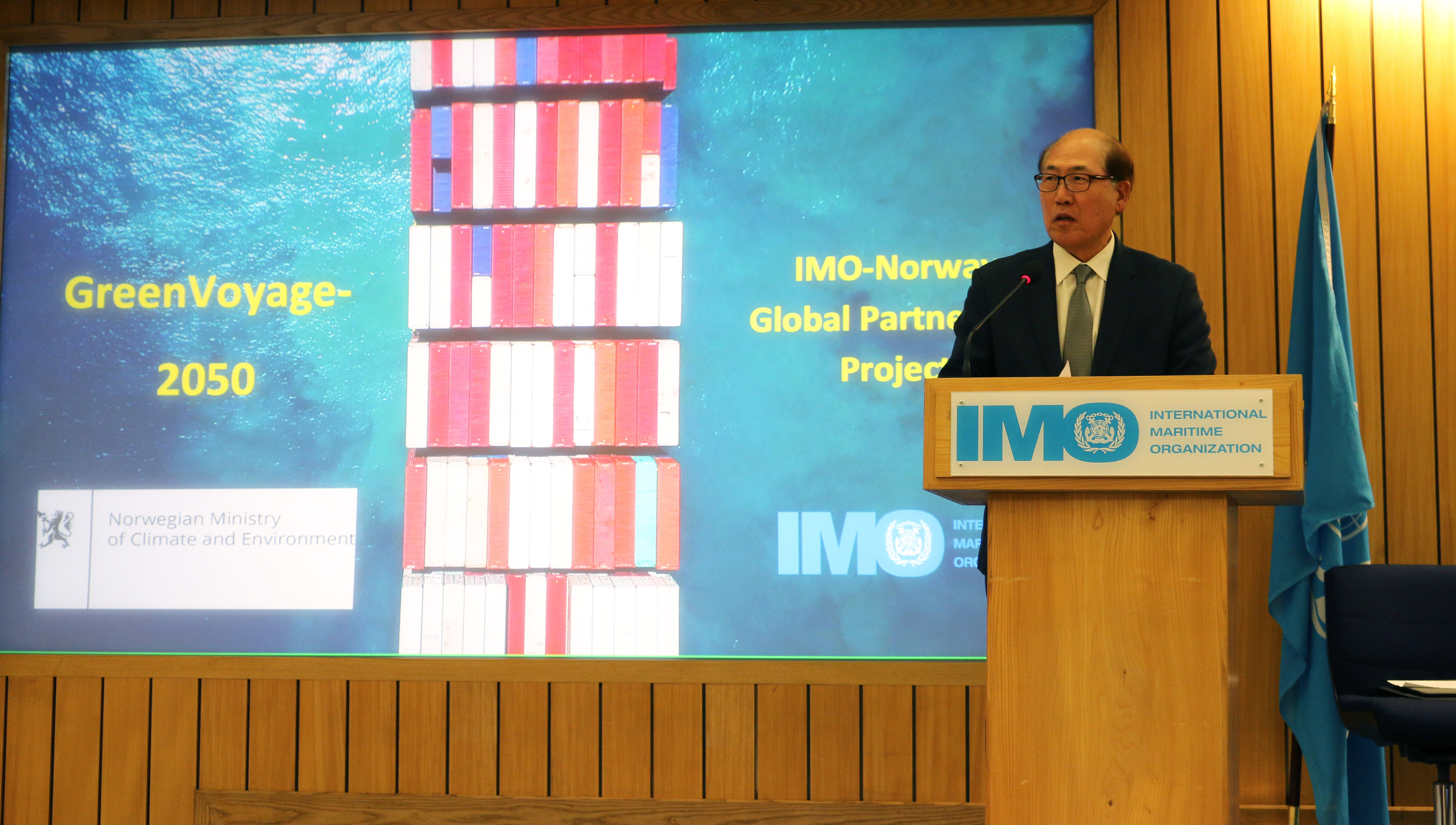 IMO Secretary-General Kitack Lim talks about the collaborative initiative with Norway - the GreenVoyage-2050 project - which aims to tackle greenhouse gas emissions. Image: IMO Image:IMO Secretary-General Kitack Lim talks about the collaborative initiative with Norway - the GreenVoyage-2050 project - which aims to tackle greenhouse gas emissions. Image: IMO