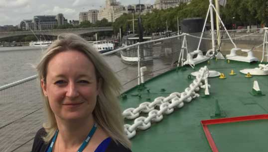 Maritime UK's head of diversity and operations Chrissie Clarke visiting HQS Wellington in London. Image: Nautilus International Image:Maritime UK's head of diversity and operations Chrissie Clarke visiting HQS Wellington in London. Image: Nautilus International