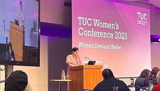 Image:Nautilus Council member Catherine Wannell speaking about female seafarer health challenges at TUC Women's Conference 2023. Image: Nautilus International