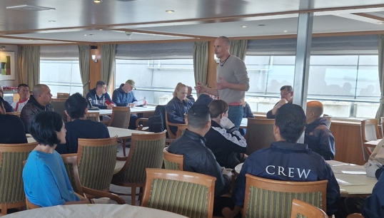 Nautilus national organiser Holger Schatz with members including lay reps at a Swiss crew meeting onboard cruiseship River Discovery in Lelystadt. Image: Nautilus International Image:Nautilus national organiser Holger Schatz with members including lay reps at a Swiss crew meeting onboard cruiseship River Discovery in Lelystadt. Image: Nautilus International