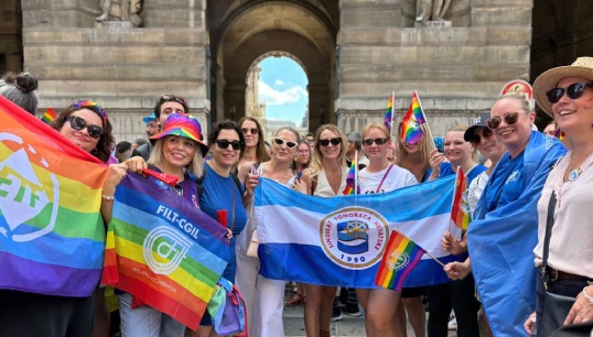 Image:Trade unionists at the June 2025 Pride march in Paris. Image: ETF