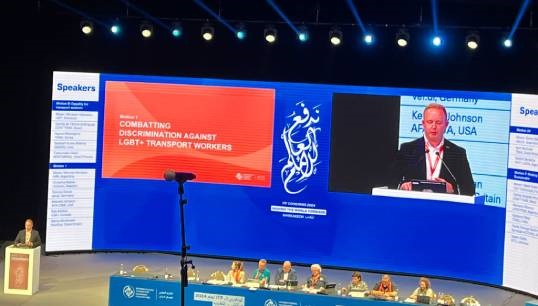 Image:Nautilus head of international relations Danny McGowan presenting at the 2024 ITF Global Congress in Marrakech. Image: Nautilus International