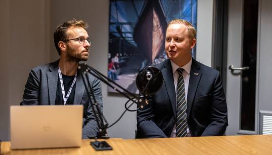 Image:Nautilus head of international relations Danny McGowan (right) and the ITF's Michal Rozworski during a podcast discussion about the Maritime Just Transition Task Force recorded during the 2022 Nautilus UK Branch Conference in Bristol. Image: Brad Wakefield/Nautilus International
