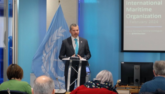 IMO secretary-general Arsenio Dominguez stressed that seafarers' rights must come before commercial considerations in a February 2024 press briefing attended by Nautilus. Image: IMO Image:IMO secretary-general Arsenio Dominguez stressed that seafarers' rights must come before commercial considerations in a February 2024 press briefing attended by Nautilus. Image: IMO