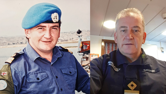 Image: Dave Gatenby left in his younger days as a senior purser and more recently