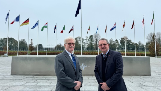 Mark Dickinson (right), Nautilus general secretary and director of the Nautilus Federation, with Captain Don Marcus, president of the International Organization of Masters, Mates and Pilots, at NATO Headquarters, Brussels, on 5 November 2024. Image: Nautilus International Image:Mark Dickinson (right), Nautilus general secretary and director of the Nautilus Federation, with Captain Don Marcus, president of the International Organization of Masters, Mates and Pilots, at NATO Headquarters, Brussels, on 5 November 2024. Image: Nautilus International