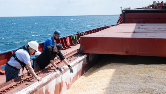 Inspectors from the UN Joint Coordination Centre checking the bulk carrier Razoni in August 2022 as part of the Black Sea Grain Initiative. Image: OCHA/Levent Kulu Image:Inspectors from the UN Joint Coordination Centre checking the bulk carrier Razoni in August 2022 as part of the Black Sea Grain Initiative. Image: OCHA/Levent Kulu