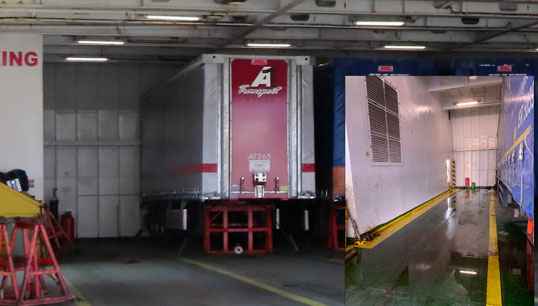 Reconstruction of the semi-trailer parking arrangement, with inset view of the space (post-accident). Image: MAIB Image:Reconstruction of the semi-trailer parking arrangement, with inset view of the space (post-accident). Image: MAIB