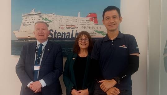 Image:Nautilus head of industrial Micky Smyth (left) with Stena representatives Fiona Paton (UK and Ireland employee relations manager) and Tony Tan (director) at the company offices in Glasgow. Image: Nautilus International