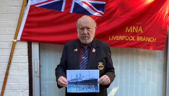 Bill Anderson, chairman of the Merchant Navy Association Liverpool branch with his tribute to the Empress of Ireland. Image:Bill Anderson, chairman of the Merchant Navy Association Liverpool branch with his tribute to the Empress of Ireland.