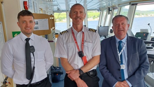 (From right to left) Nautilus head of industrial Micky Smyth during a recent ship visit to the CalMac ferry MV Bute, with Captain James Cotterill and third officer John Morrison. Image: Nautilus International Image:(From right to left) Nautilus head of industrial Micky Smyth during a recent ship visit to the CalMac ferry MV Bute, with Captain James Cotterill and third officer John Morrison. Image: Nautilus International