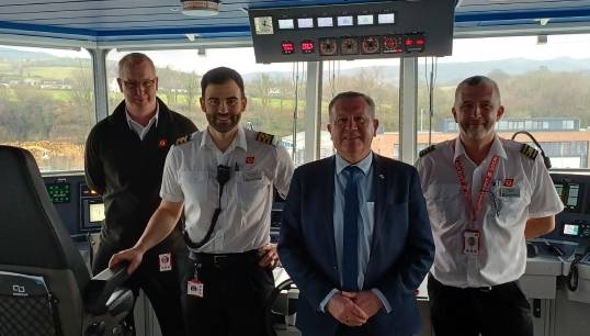 Nautilus head of industrial Micky Smyth on the bridge of the Glen Sannox with members. L-R: Captain Andrew Gill, Chief Officer Marino Giorgetti, Mr Smyth and Captain Greg Clark. Image: Nautilus International Image:Nautilus head of industrial Micky Smyth on the bridge of the Glen Sannox with members. L-R: Captain Andrew Gill, Chief Officer Marino Giorgetti, Mr Smyth and Captain Greg Clark. Image: Nautilus International