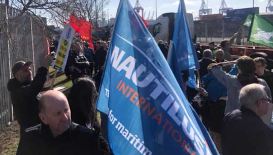 Nautilus flags flying at the Liverpool protest, one of many held throughout the UK during a week of campaigning against P&O Ferries and its 800 crew layoffs. Image: Nautilus International Image:Nautilus flags flying at the Liverpool protest, one of many held throughout the UK during a week of campaigning against P&O Ferries and its 800 crew layoffs. Image: Nautilus International