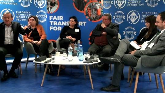 Image:MEP Marian-Jean Marinescu (far left) argues for greater liberalisation in European transport. Other panel members pictured are L-R: European Commissioner for Transport Adana Valean, ETF general secretary Livia Spera, ETF president Frank Moreels, MEP Elena Kountoura and MEP Petar Vitanov. Image: screenshot from online broadcast of the ETF Future for Transport roundtable