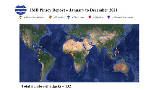 Map of the total number of piracy and armed robbery attacks during 2021. Image: ICC International Maritime Bureau (ICC IMB) Image:Map of the total number of piracy and armed robbery attacks during 2021. Image: ICC International Maritime Bureau (ICC IMB)