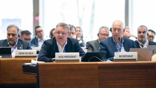 Image:Nautilus general secretary Mark Dickinson (centre) acted as spokesman for the seafarers' group in his role as  ITF seafarers' section vice chair during the MLC amendment negotiations in Geneva in April 2025. Image: ILO