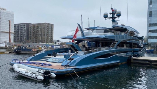 Image:The Russian-owned yacht Phi was detained this week by UK authorities in Canary Wharf. Image: National Crime Agency