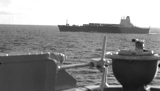 Image:The Atlantic Conveyor, a requisitioned merchant vessel, approaching the Falklands in 1982. The  vessel was attacked by missiles and 12 lives were lost. Image: DM Gerard / Wikimedia Commons