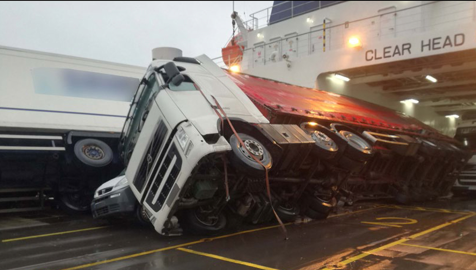 Nine lorries toppled over when the P&O ferry European Causeway encountered heavy weather during a crossing between Larne and Cairnryan in December 2018. Image:Nine lorries toppled over when the P&O ferry European Causeway encountered heavy weather during a crossing between Larne and Cairnryan in December 2018.