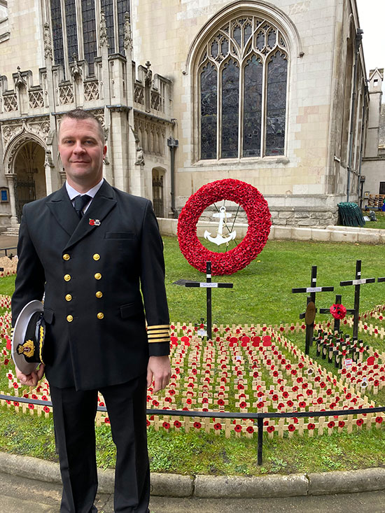 Image: Capt Chris Williams Nautilus member at Remembrance Sunday 2021 outside Memorial Gardens Westminster Abbey