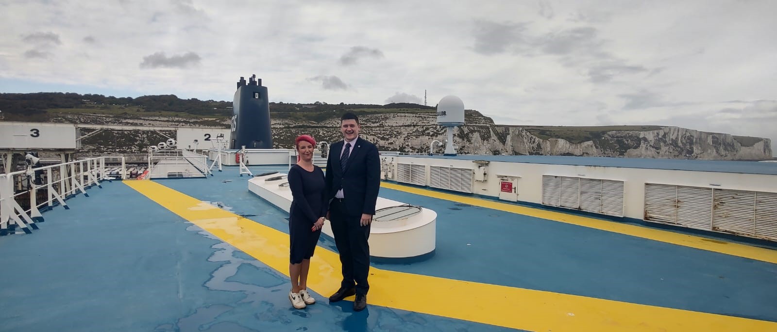 Image:Nautilus International director of organising Martyn Gray with former Secretary of State for Transport Louise Haigh on a DFDS ferry in Dover. Ms Haigh said the new regulations would ensure that another P&O Ferries could not happen again. Image: Nautilus International