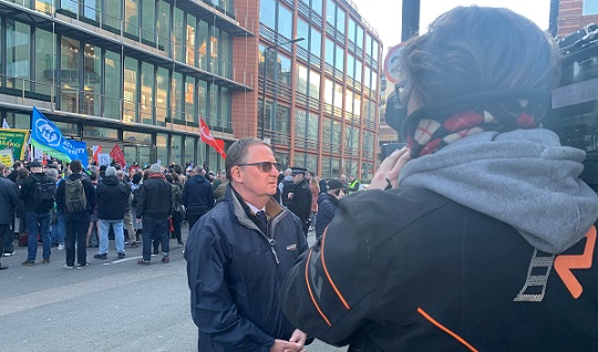 Nautilus general secretary Mark Dickinson being interviewed outside DP World offices in central London during last week's nationwide UK protests. Image: Nautilus International Image:Nautilus general secretary Mark Dickinson being interviewed outside DP World offices in central London during last week's nationwide UK protests. Image: Nautilus International