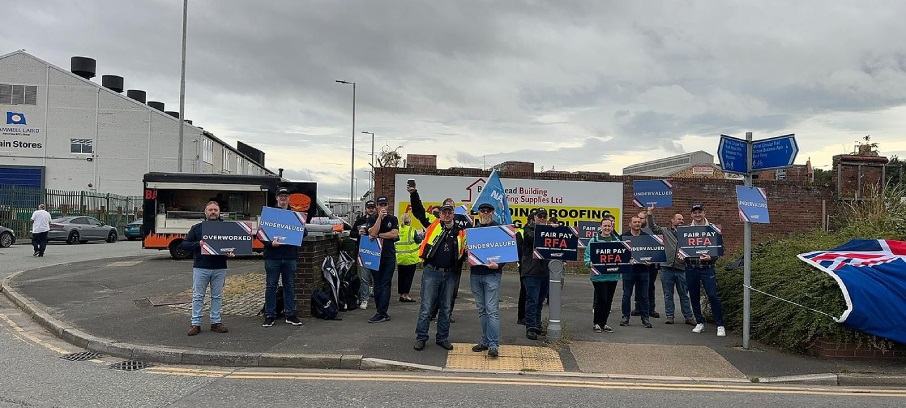 Royal Fleet Auxiliary officers on strike at the Cammell Laird shipyard in Birkenhead during the ongoing industrial dispute. Image: Nautilus International Image:Royal Fleet Auxiliary officers on strike at the Cammell Laird shipyard in Birkenhead during the ongoing industrial dispute. Image: Nautilus International