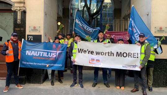 Image:Nautilus members from the Netherlands protesting outside Lloyd's Register's headquarters in London during their 2024 campaign for pay restoration and union recognition. Image: Nautilus International