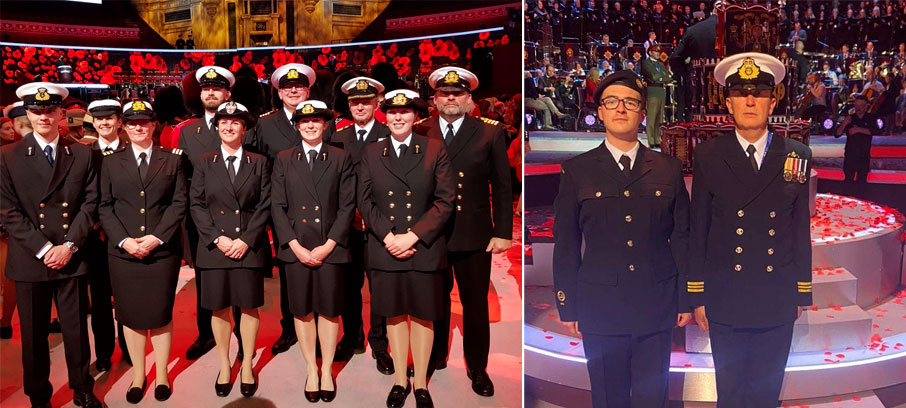 Image:The Merchant Navy was also represented at the Festival of Remembrance at the Royal Albert Hall in London, by contingents from the Princess Cruises (left) and the RFA (right), as well as cadets from Warsash Maritime School. Images: Princess Cruises and RFA