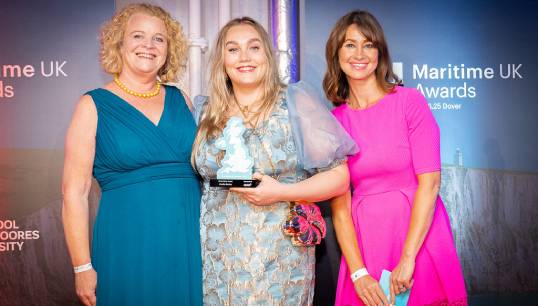 Image:Amilia Busby (middle) was presented with her award by Nautilus assistant general secretary Sascha Meijer (left). Image: Maritime UK