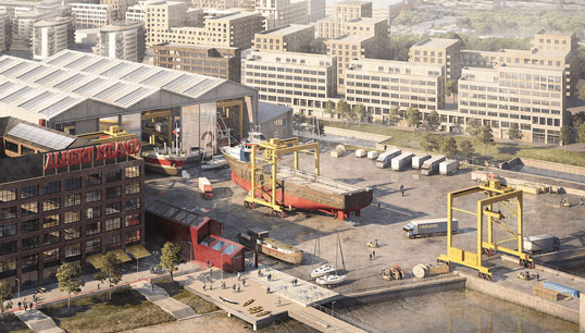An artist's impression of the planned new shipyard which forms part of Albert Island, London & Regional's 25-acre, multimillion-pound industrial regeneration scheme in the Royal Docks. Image: PLA Image:An artist's impression of the planned new shipyard which forms part of Albert Island, London & Regional's 25-acre, multimillion-pound industrial regeneration scheme in the Royal Docks. Image: PLA