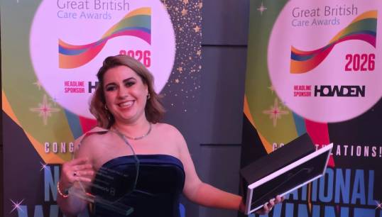 Image:National Care Home Registered Manager of the Year award winner Grace Holley celebrates her win at the Great British Care Awards in Birmingham. Images: Nautilus International