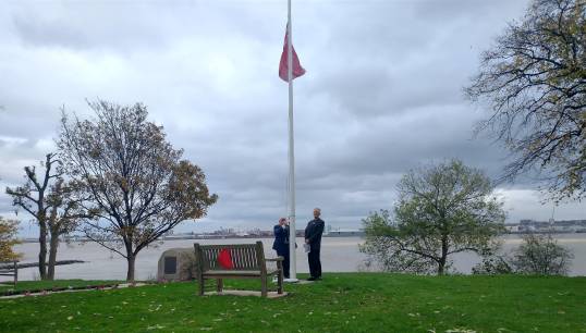 The Red Ensign was lowered and raised during the Armistice Day ceremony by park resident Tony Wilson, a former chief officer on offshore heavy lift vessels. All images: Nautilus International Image:The Red Ensign was lowered and raised during the Armistice Day ceremony by park resident Tony Wilson, a former chief officer on offshore heavy lift vessels. All images: Nautilus International