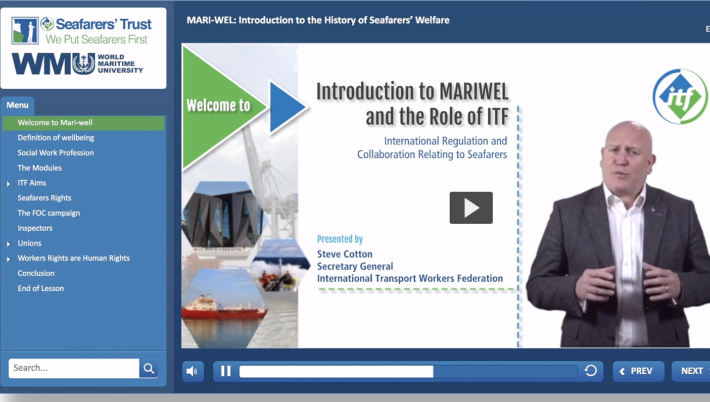 ITF general secretary Steve Cotton introduces the new seafarer distance learning programme Maritime Welfare (MARI-WEL) - a professional development programme launched for Day of the Seafarer 2018. Image:ITF general secretary Steve Cotton introduces the new seafarer distance learning programme Maritime Welfare (MARI-WEL) - a professional development programme launched for Day of the Seafarer 2018.