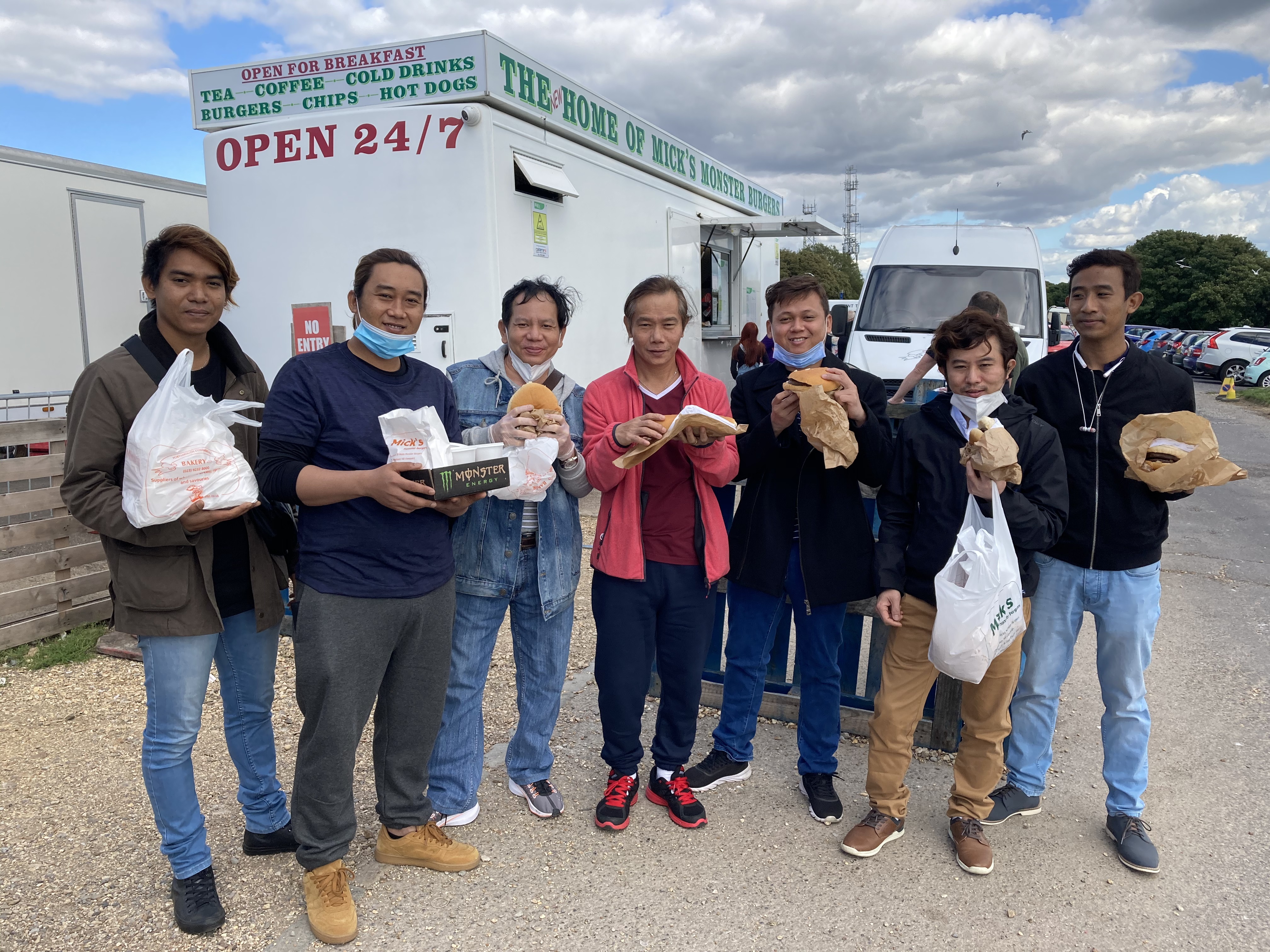 The seafarers visited "Mick's Monster Burgers" on Portsdown Hill, Portsmouth while waiting for repatriation. Image: Apostleship of the Sea Image:The seafarers visited "Mick's Monster Burgers" on Portsdown Hill, Portsmouth while waiting for repatriation. Image: Apostleship of the Sea